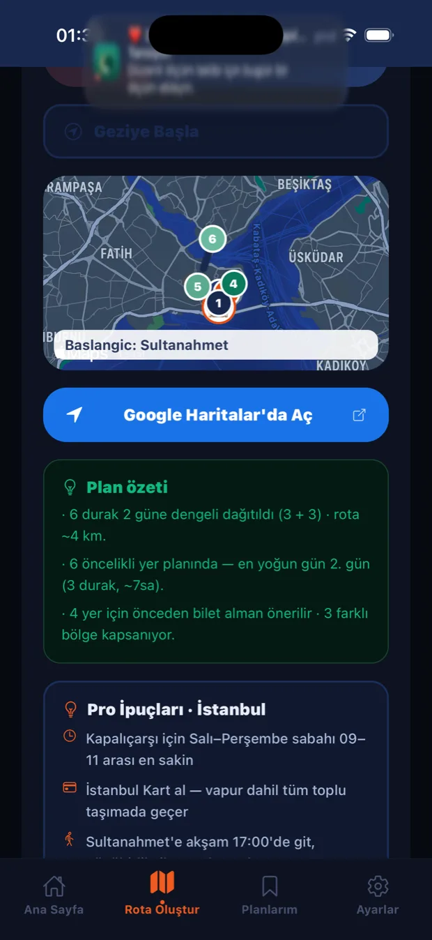 Rota Asistanı'nın plan özeti ekranı — numaralı duraklarla harita önizlemesi, Google Haritalar'da açma düğmesi, durakların günlere dağılımını ve bilet uyarılarını anlatan özet ile şehre özel ipuçları